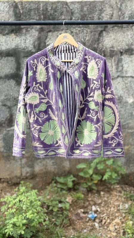 Womens Purple Velvet Embroidered Jacket with Floral Design